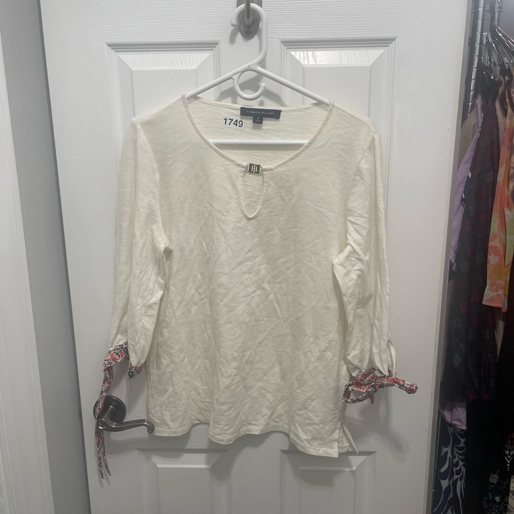 Tommy Hilfiger White Blouse with Patterned Sleeve Ties - Picture 2 of 8